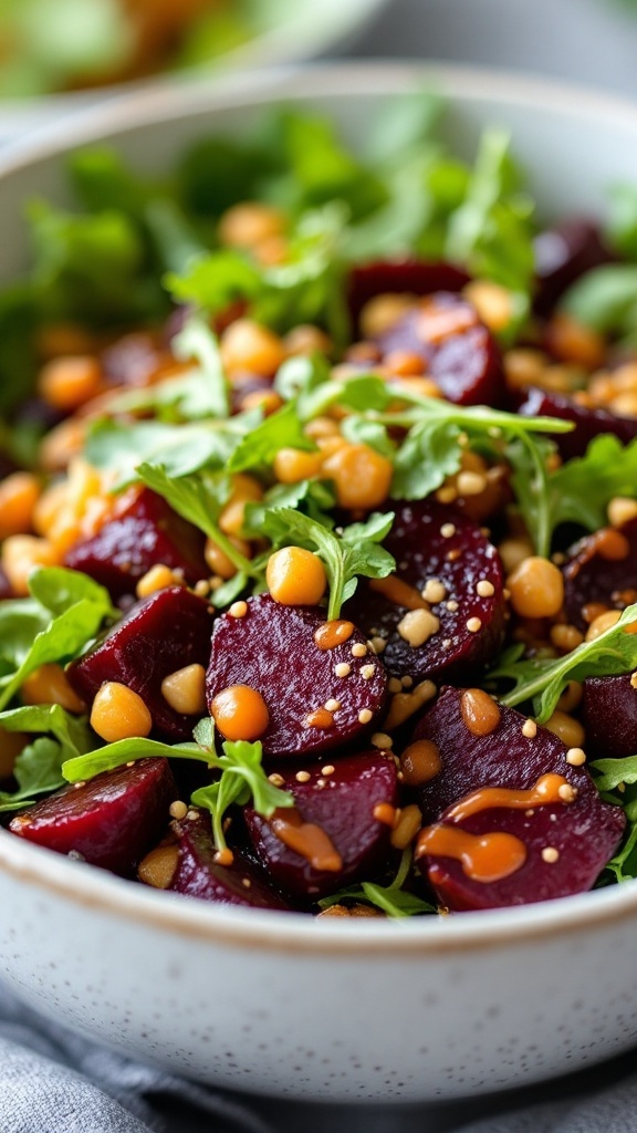 A colorful salad featuring roasted beets, greens, and chickpeas drizzled with a spicy gochujang dressing.