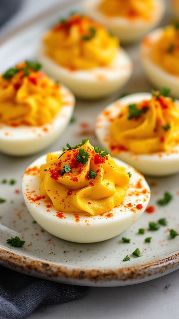 Spicy gochujang deviled eggs garnished with paprika and herbs.