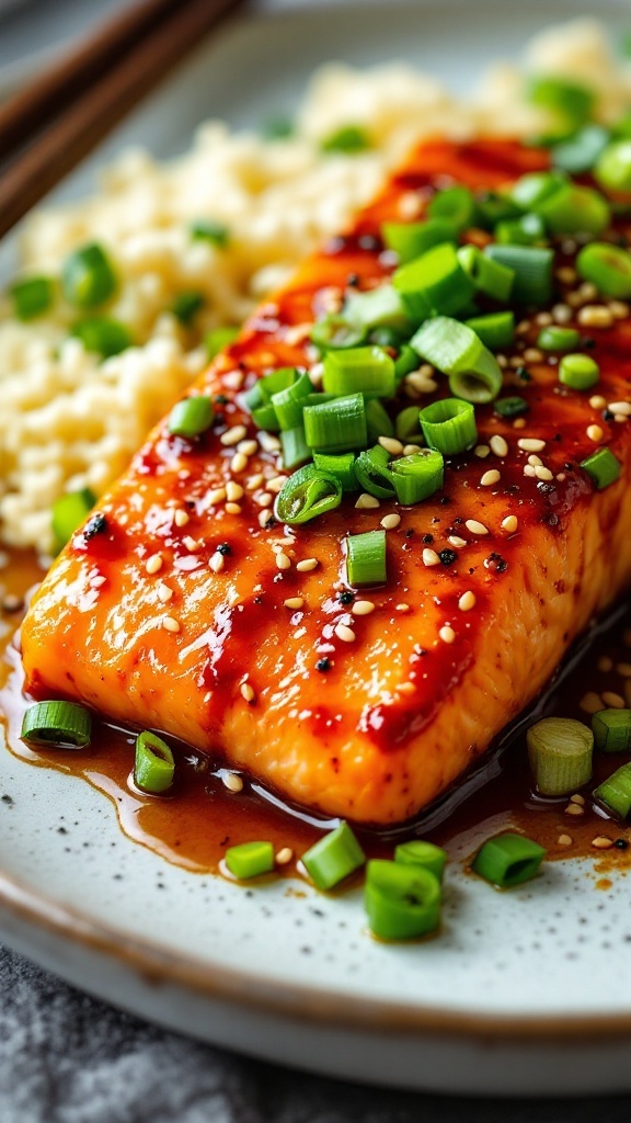 A beautifully plated salmon fillet glazed with gochujang, garnished with green onions and sesame seeds, served with rice.