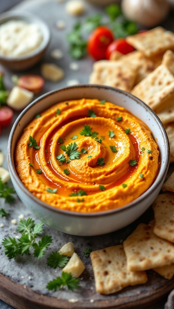 A bowl of gochujang hummus garnished with green herbs and served with crackers.