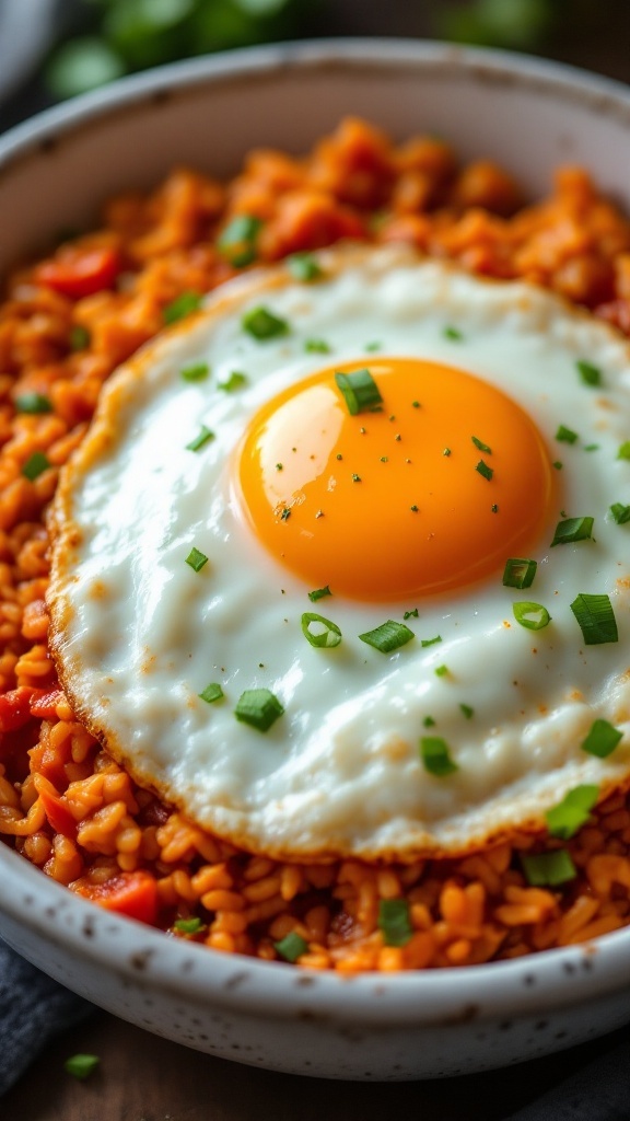 A delicious bowl of Gochujang Kimchi Fried Rice topped with a fried egg and green onions.