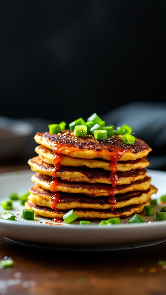 Delicious stacks of Gochujang pancakes topped with scallions