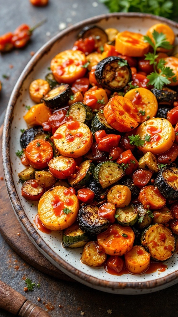 Plate of roasted vegetables drizzled with a spicy sauce, showcasing a variety of colors and textures.