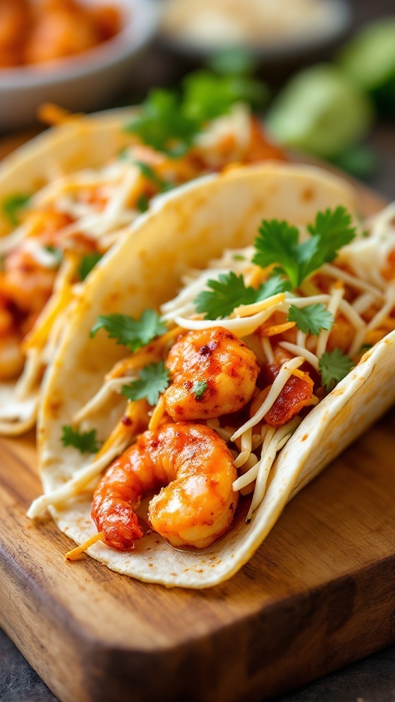 Gochujang shrimp tacos with cilantro and cheese in tortillas