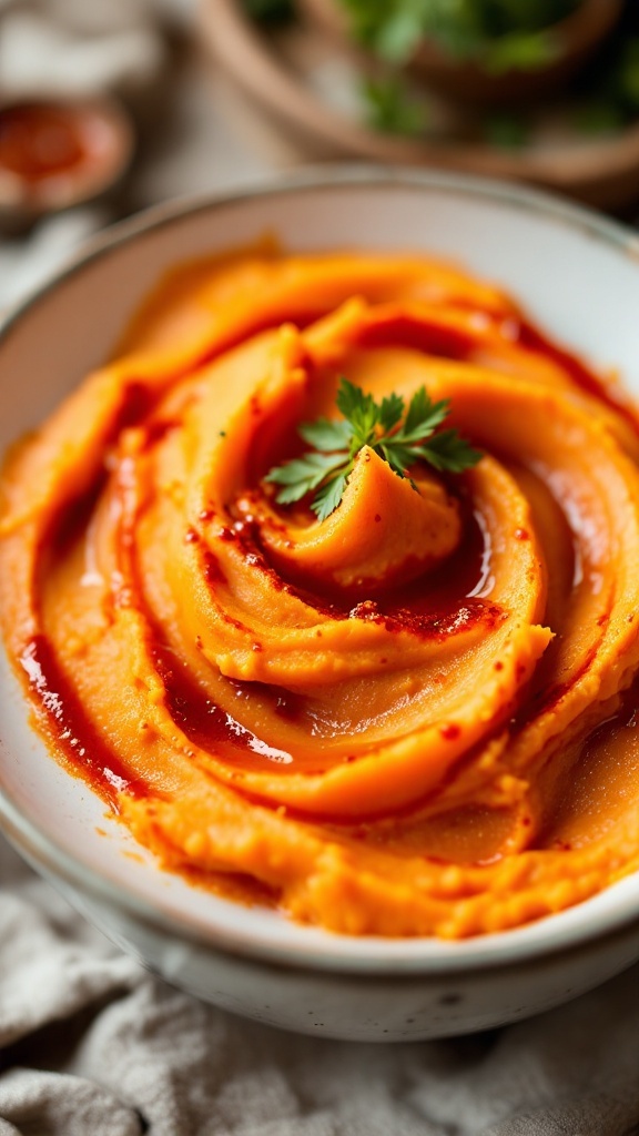 A bowl of creamy sweet potato mash topped with gochujang and garnished with cilantro.