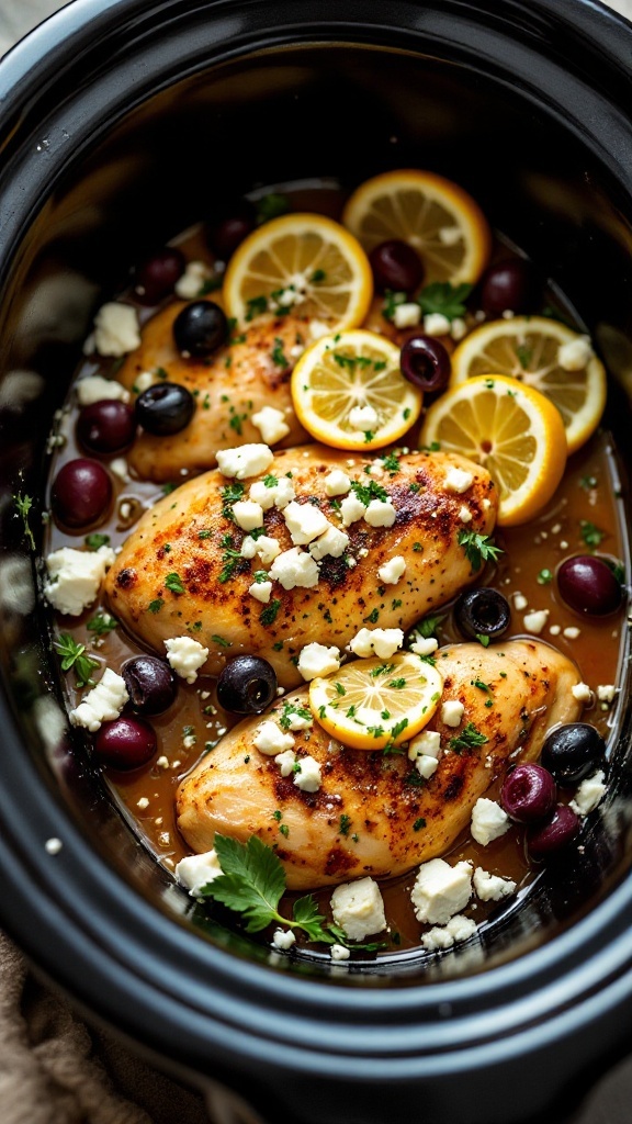 A delicious crockpot meal featuring chicken breasts with lemon slices and olives.