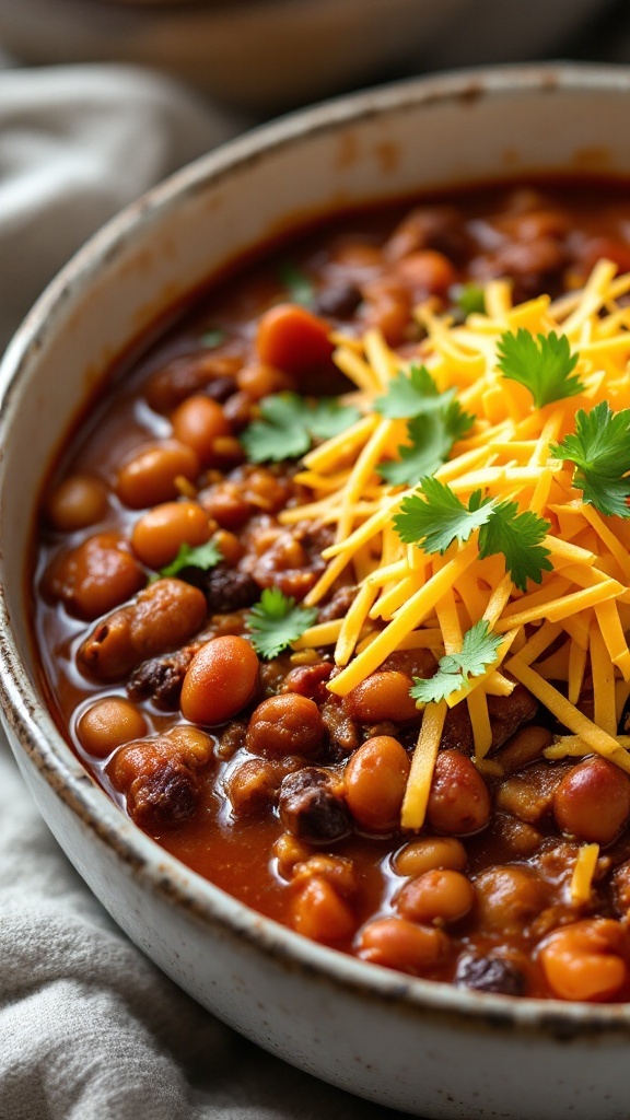 A bowl of hearty beef and bean chili topped with cheese and cilantro.