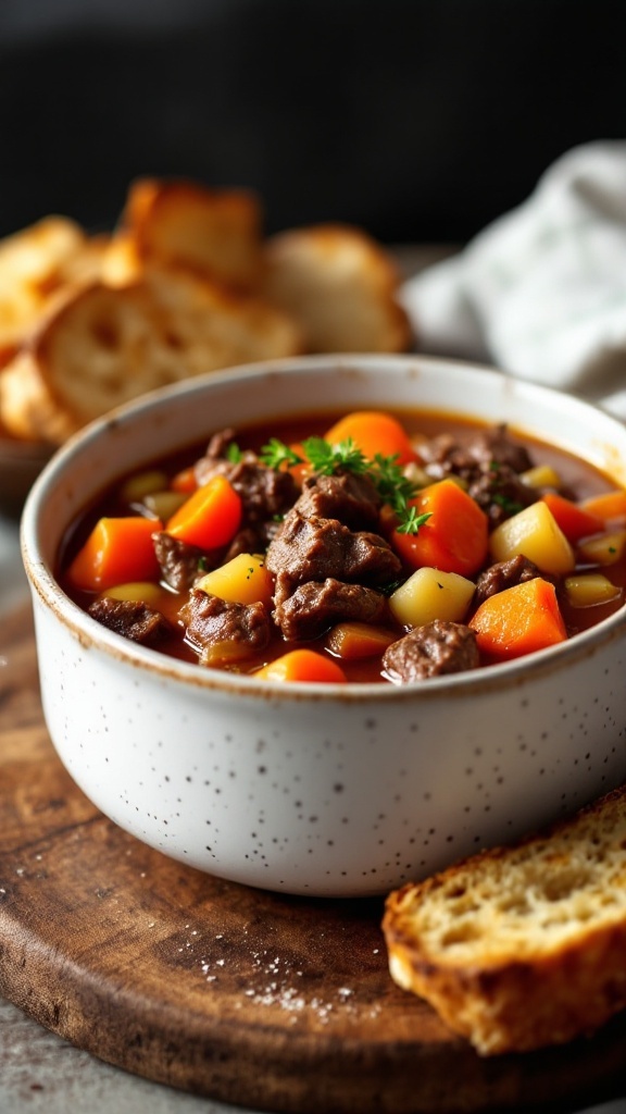 A bowl of hearty beef stew with root vegetables and a slice of bread on the side.