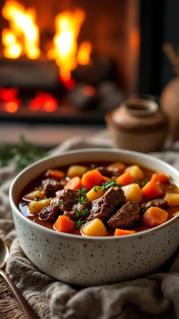 A warm and inviting bowl of beef stew with root vegetables, perfect for winter dinners.
