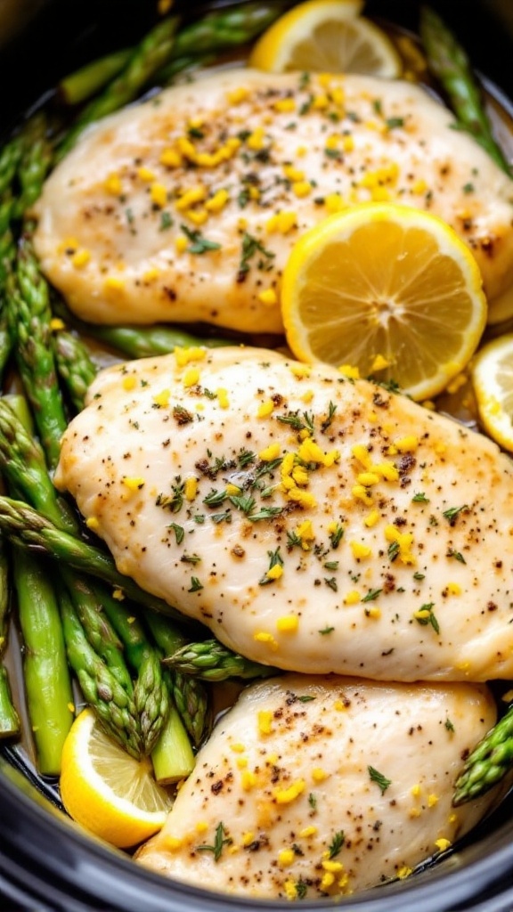 A plate of Herb Lemon Chicken with asparagus garnished with lemon slices and herbs