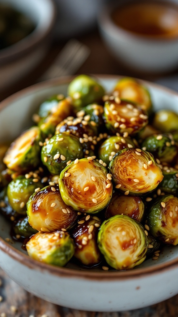 Honey balsamic glazed Brussels sprouts in a bowl