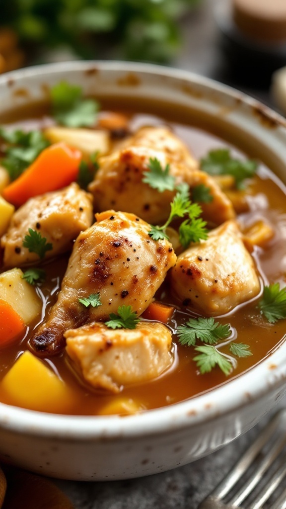 A hearty bowl of honey garlic chicken stew with vegetables.