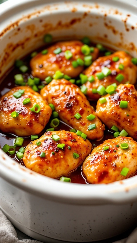 Delicious honey garlic chicken thighs in a crockpot garnished with green onions.