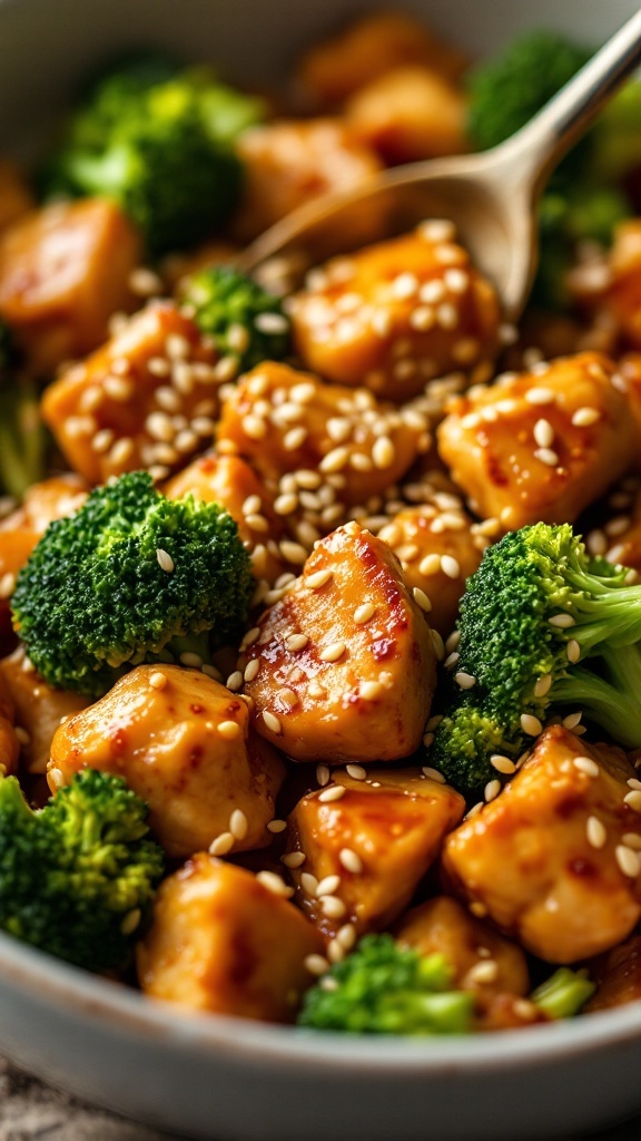 A delicious and colorful dish of Honey Garlic Chicken with broccoli and sesame seeds.