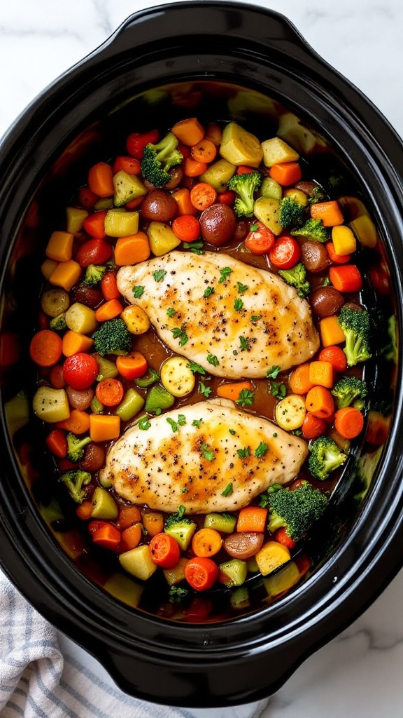 Honey garlic chicken with colorful vegetables in a crockpot.