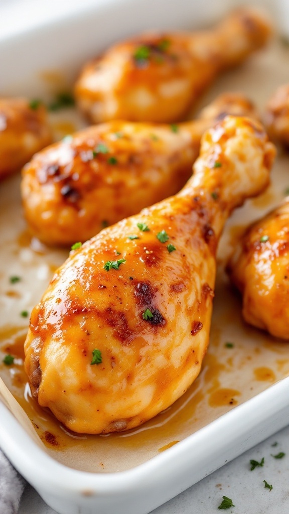 Delicious honey mustard glazed chicken drumsticks cooked in an air fryer.