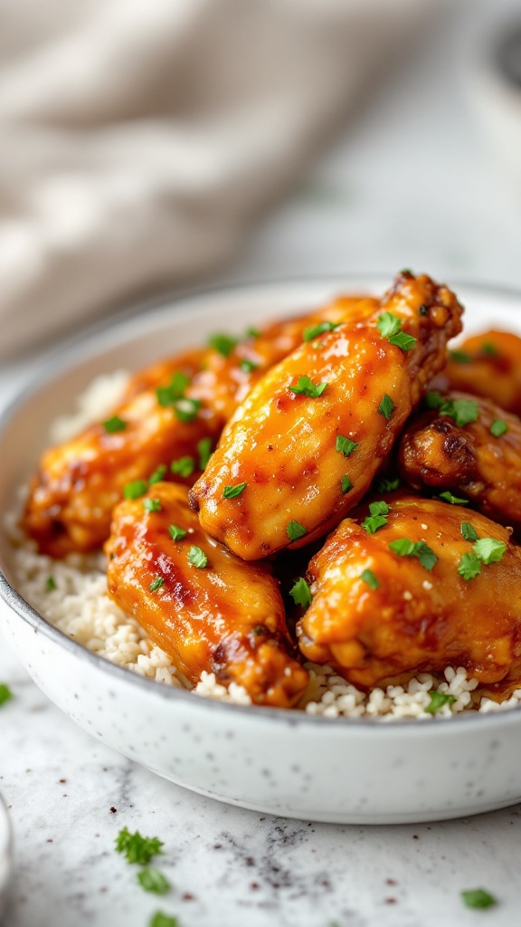 Delicious honey soy chicken wings served with rice and garnished with green onions and sesame seeds.