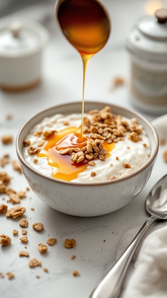 A bowl of honey yogurt oats topped with granola