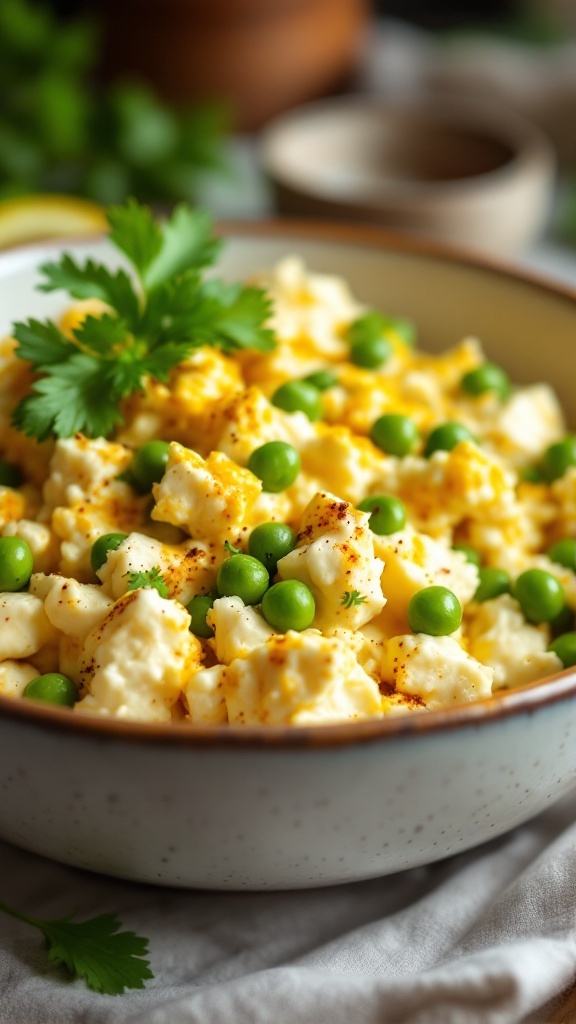 A bowl of Indian spiced cottage cheese with green peas and cilantro
