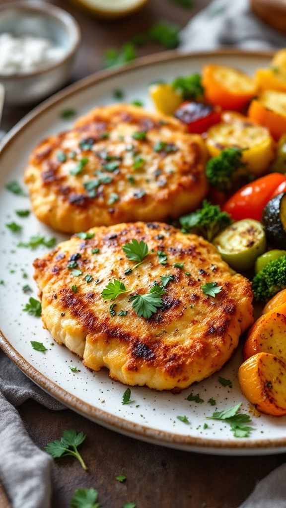 Crispy Italian herb chicken cutlets served with roasted vegetables