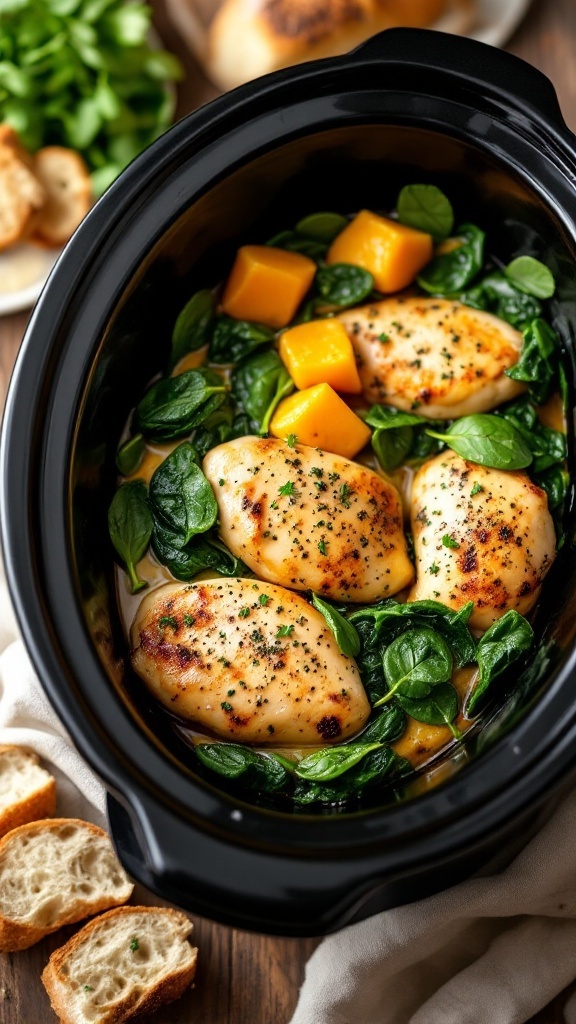 A crockpot filled with Italian herb chicken, fresh spinach, and butternut squash.