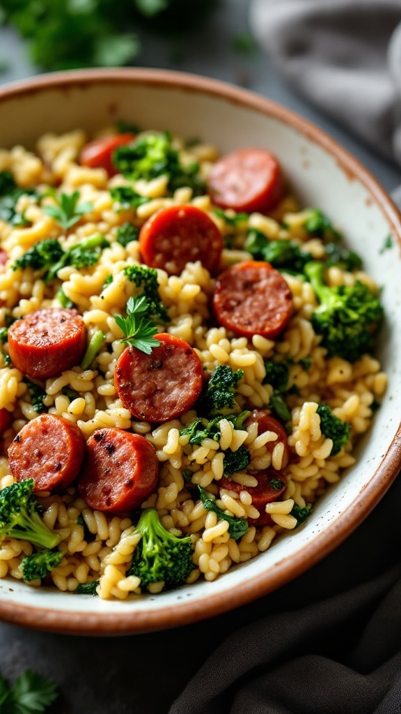 A bowl of Italian sausage and broccoli rabe risotto topped with parsley.