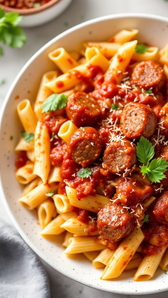 A bowl of Italian sausage and penne pasta with marinara sauce and basil