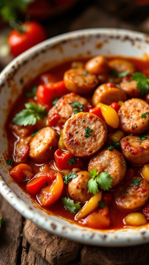 A bowl of Italian sausage and peppers stew with colorful vegetables and herbs.