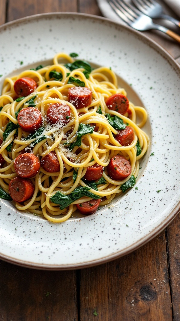 Delicious Italian sausage and spinach pasta served in a bowl