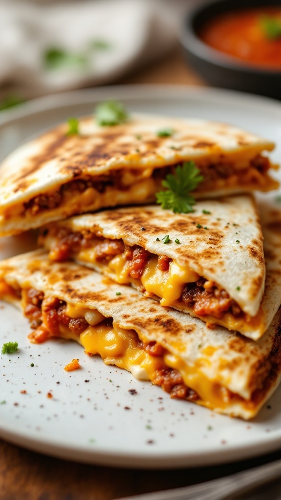 A delicious kimchi and cheese breakfast quesadilla served with green garnish.