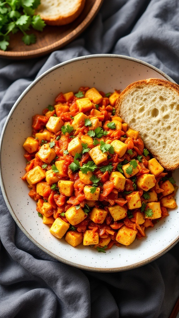 A delicious dish of kimchi and tofu scramble served with bread.