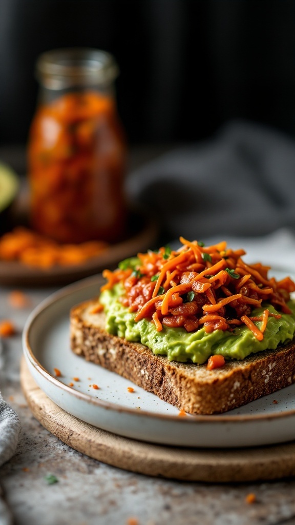 A plate with avocado toast topped with kimchi