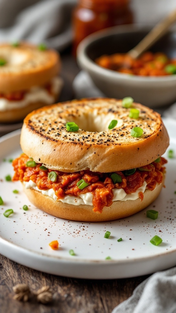 A delicious kimchi bagel sandwich with cream cheese, kimchi, and green onions.