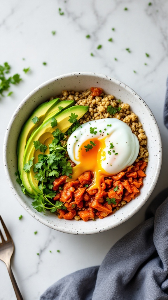 A colorful kimchi breakfast bowl with quinoa, avocado, and a poached egg.