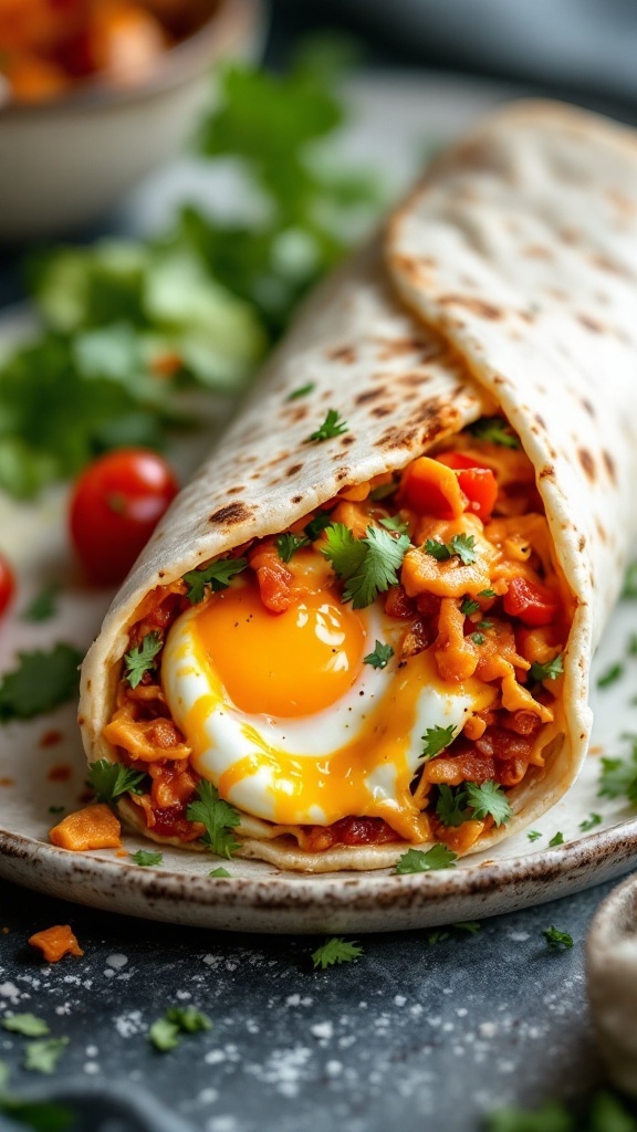 A delicious kimchi breakfast burrito filled with eggs and vegetables.