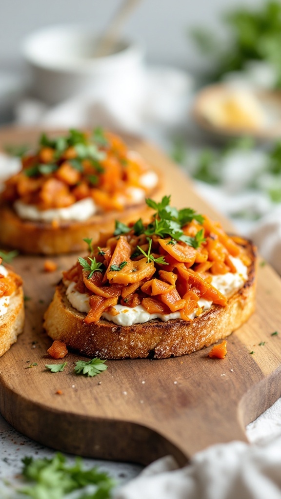A delicious serving of kimchi bruschetta on toasted baguette slices, topped with cream cheese and garnished with cilantro.