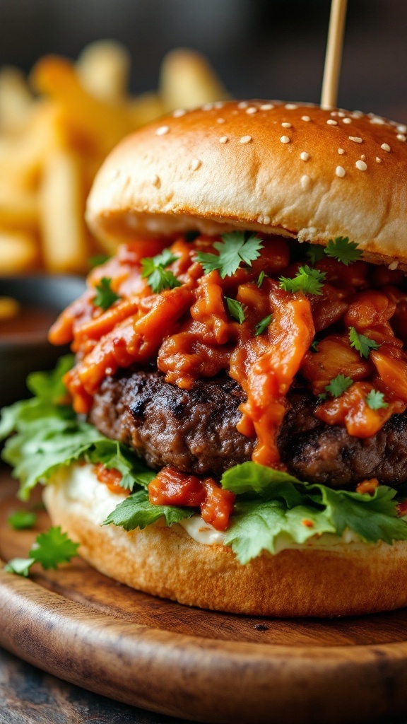 A delicious burger topped with kimchi, lettuce, and cilantro on a sesame seed bun.