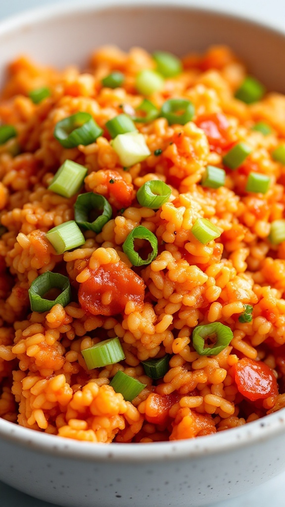 A bowl of Kimchi Cauliflower Rice garnished with green onions.