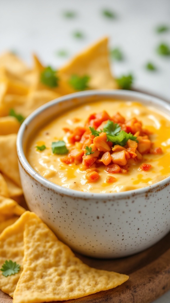 A bowl of kimchi cheese dip with toppings, surrounded by tortilla chips.