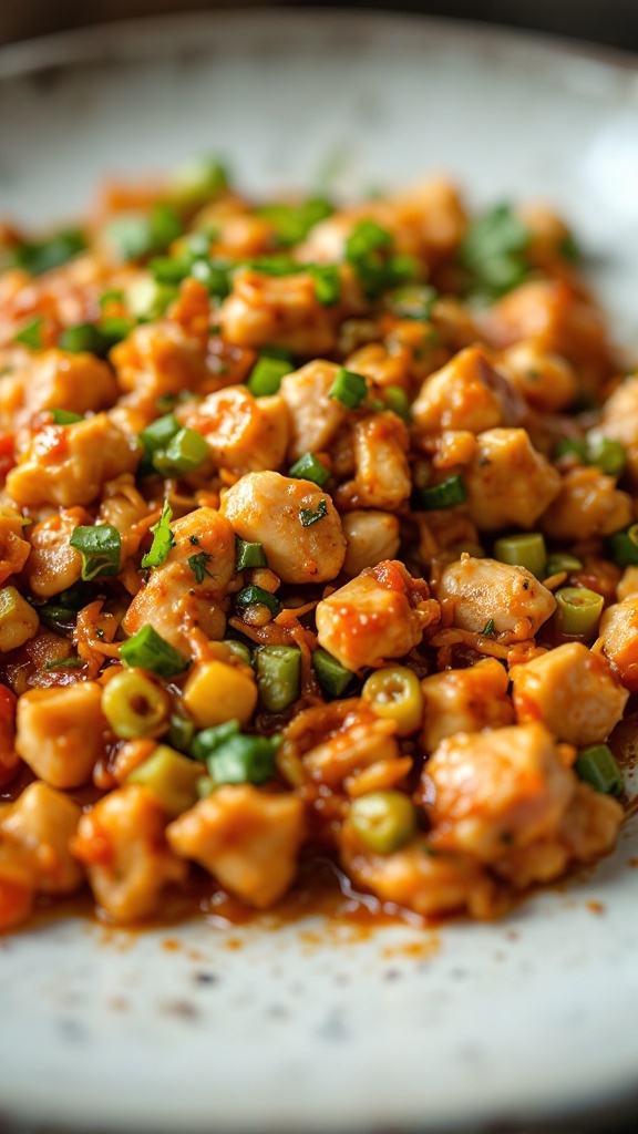 A colorful plate of kimchi chicken stir-fry with green onions on top.
