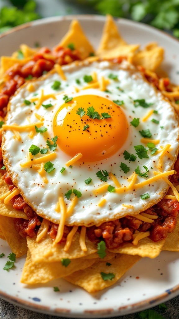 A delicious plate of Kimchi Chilaquiles with a fried egg on top.