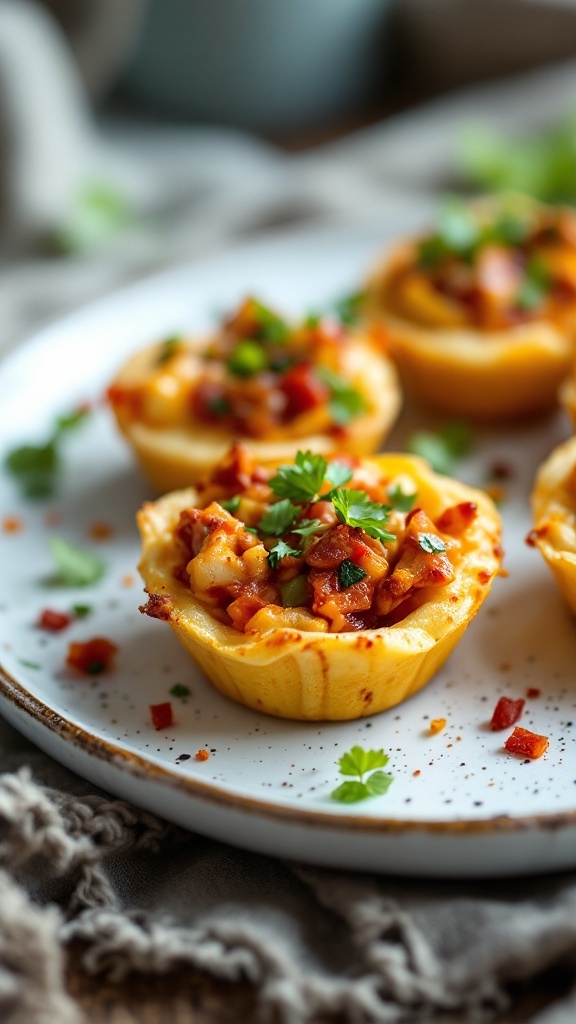 A plate of kimchi egg muffins topped with fresh herbs.