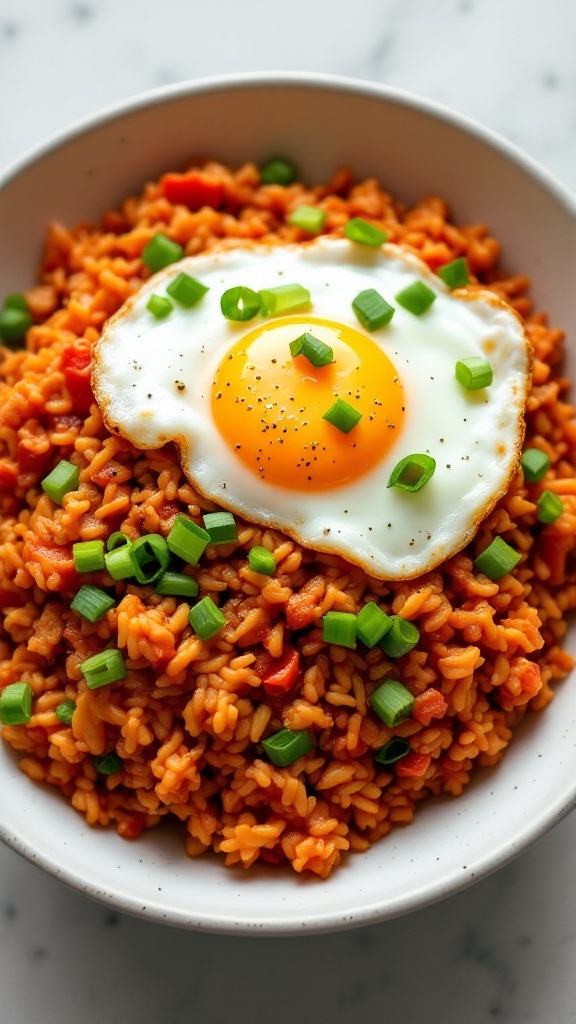 A bowl of kimchi fried rice topped with a fried egg and green onions.