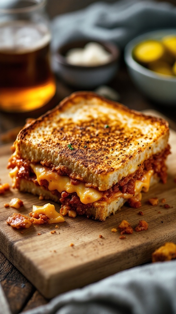 Delicious kimchi grilled cheese sandwich served on a wooden board.