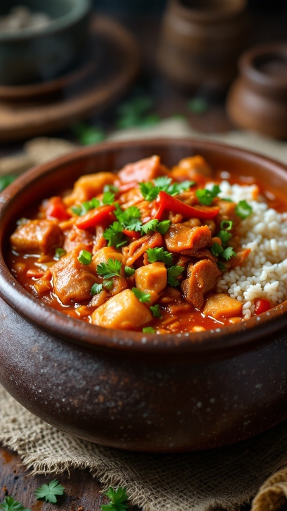 A bowl of delicious kimchi jjigae with meat and tofu, garnished with green onions.