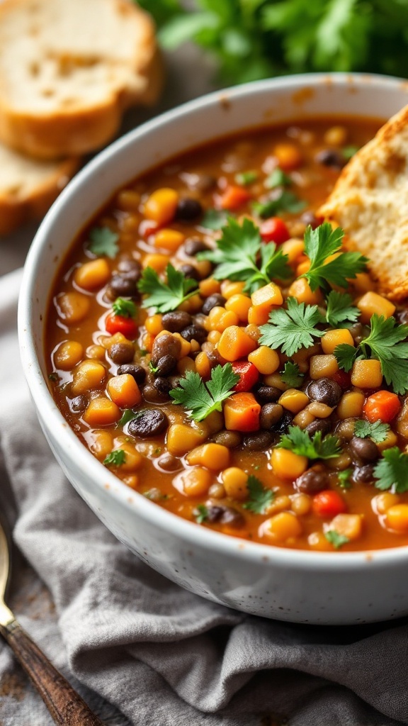 A bowl of kimchi lentil soup garnished with cilantro