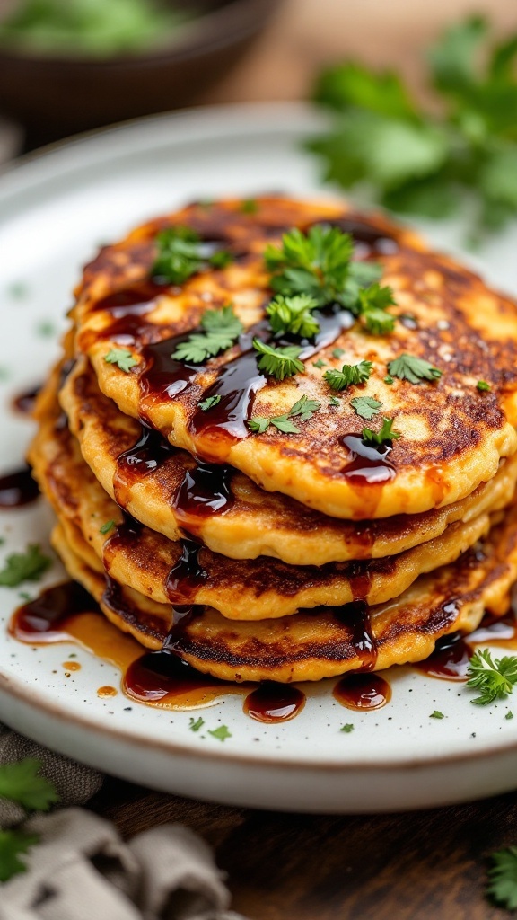 Stack of kimchi pancakes drizzled with sauce and garnished with herbs.
