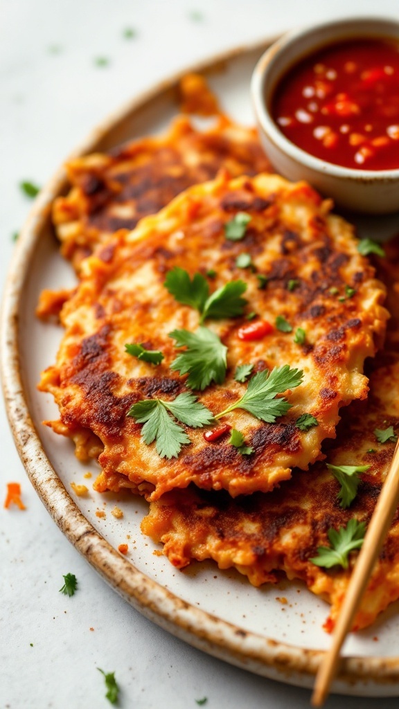 Plate of crispy kimchi pancakes with a dipping sauce