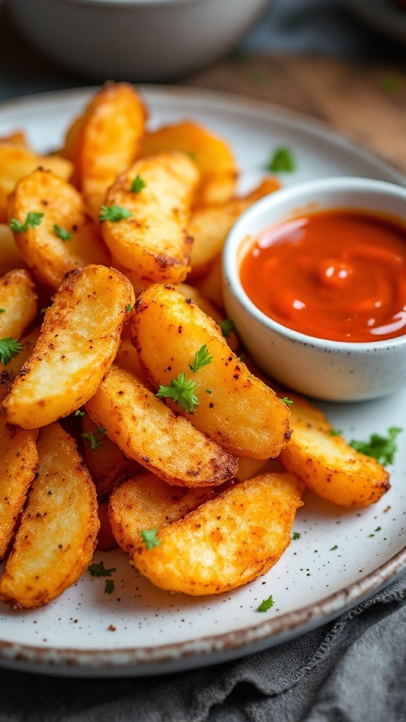 Crispy kimchi potato wedges served with dipping sauce