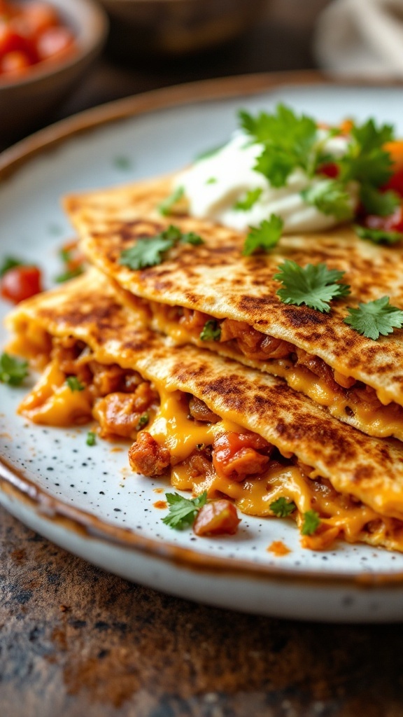 A plate of kimchi quesadillas garnished with cilantro and served with toppings.